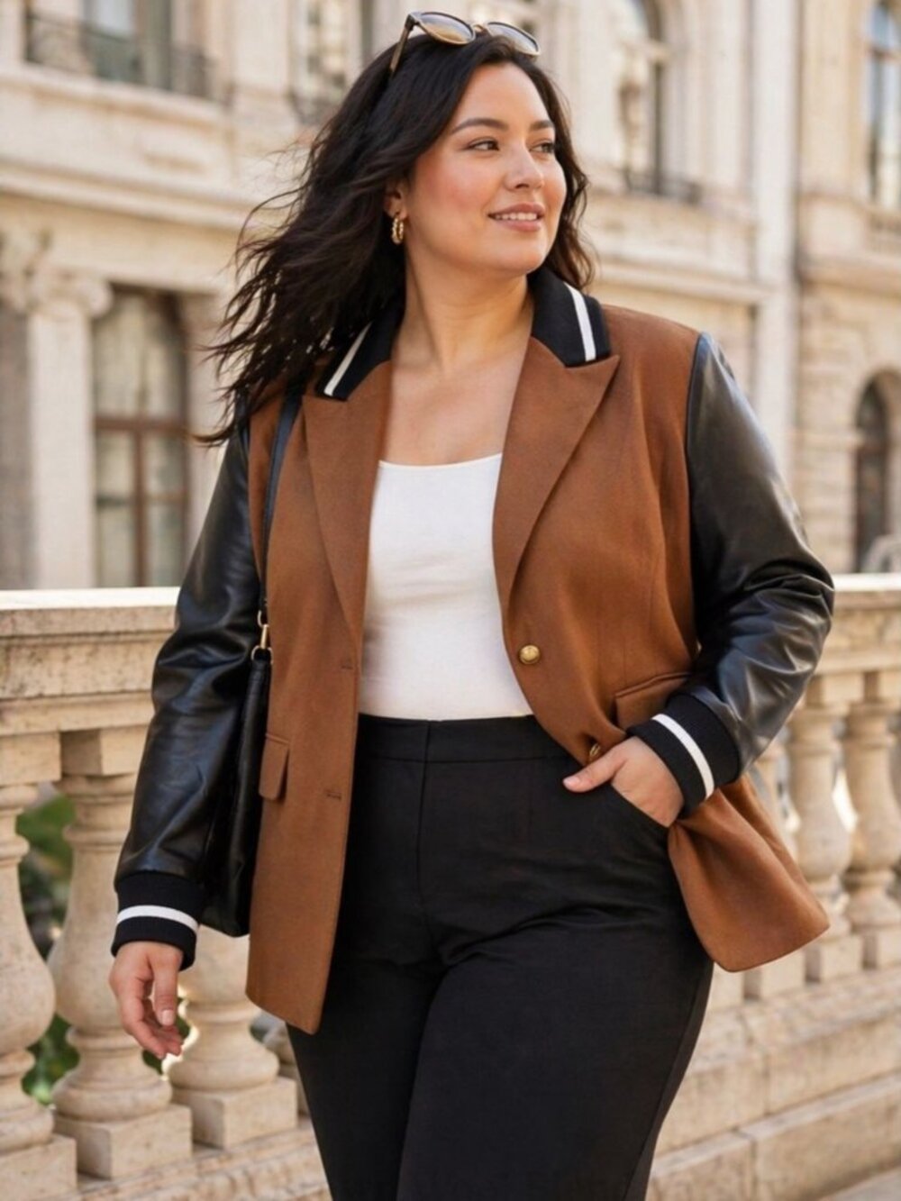 FDJ Brown Wool Blend Varsity Jacket Black Faux Leather Sleeves Preppy Chic XL